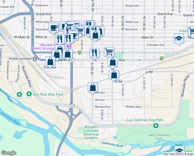 map of restaurants, bars, coffee shops, grocery stores, and more near 698 S 7th St in Grand Junction