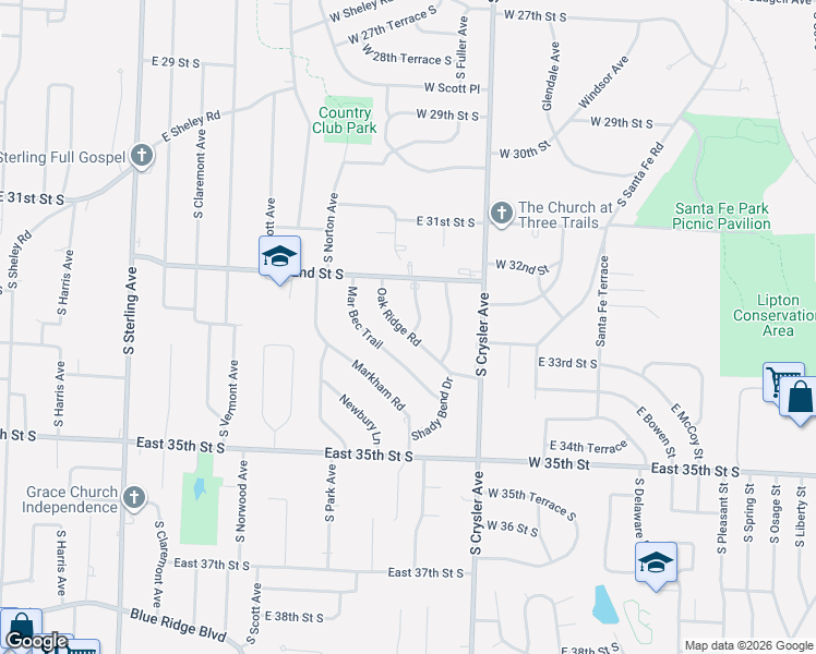 map of restaurants, bars, coffee shops, grocery stores, and more near 12129 Oak Ridge Road in Independence