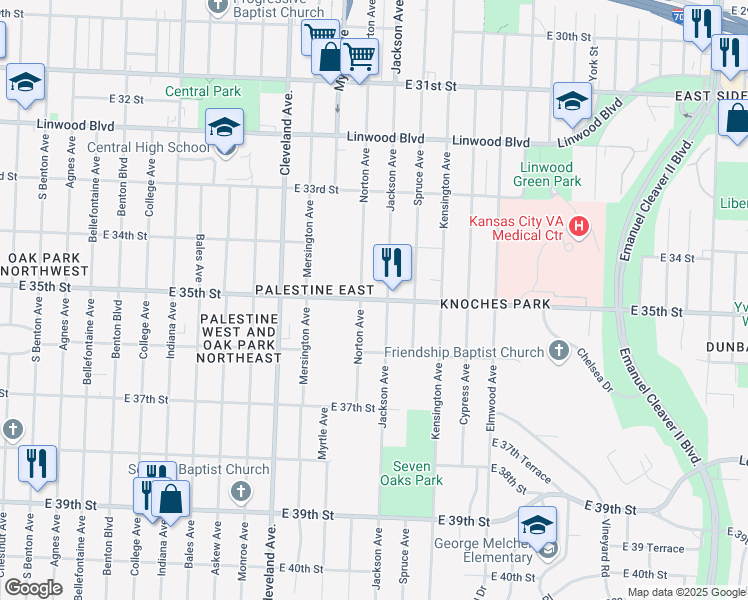 map of restaurants, bars, coffee shops, grocery stores, and more near 4107 East 35th Street in Kansas City
