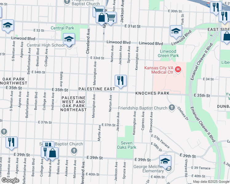 map of restaurants, bars, coffee shops, grocery stores, and more near East 35th Street in Kansas City