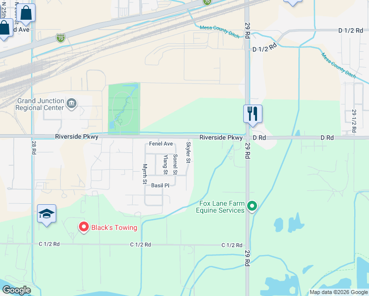 map of restaurants, bars, coffee shops, grocery stores, and more near 391 1/2 Skyler Street in Grand Junction