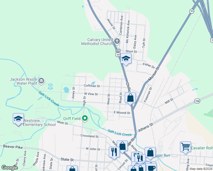 map of restaurants, bars, coffee shops, grocery stores, and more near 12 East Vine Street in Jackson