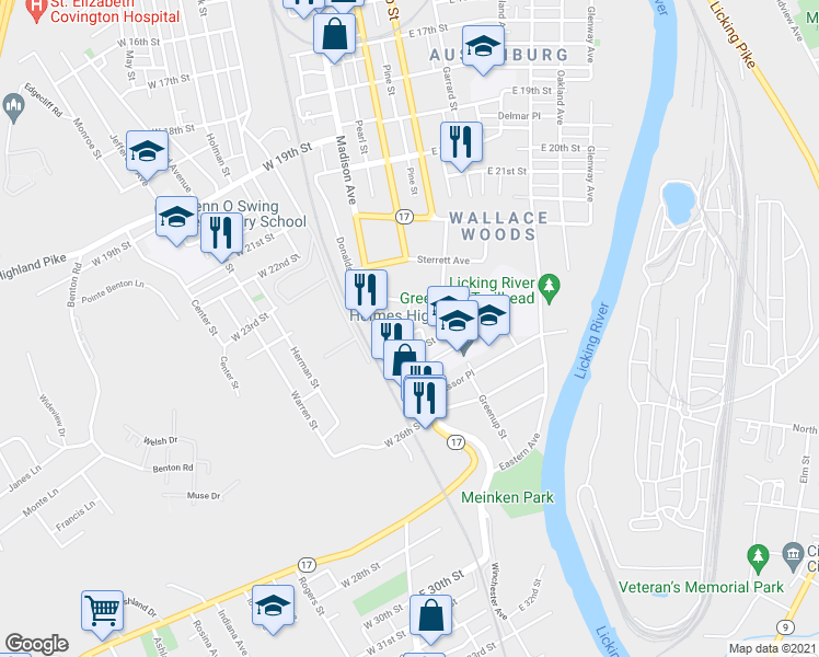 map of restaurants, bars, coffee shops, grocery stores, and more near 7 Holmesdale Court in Covington