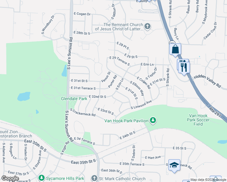 map of restaurants, bars, coffee shops, grocery stores, and more near 16508 East 32nd Street South in Independence