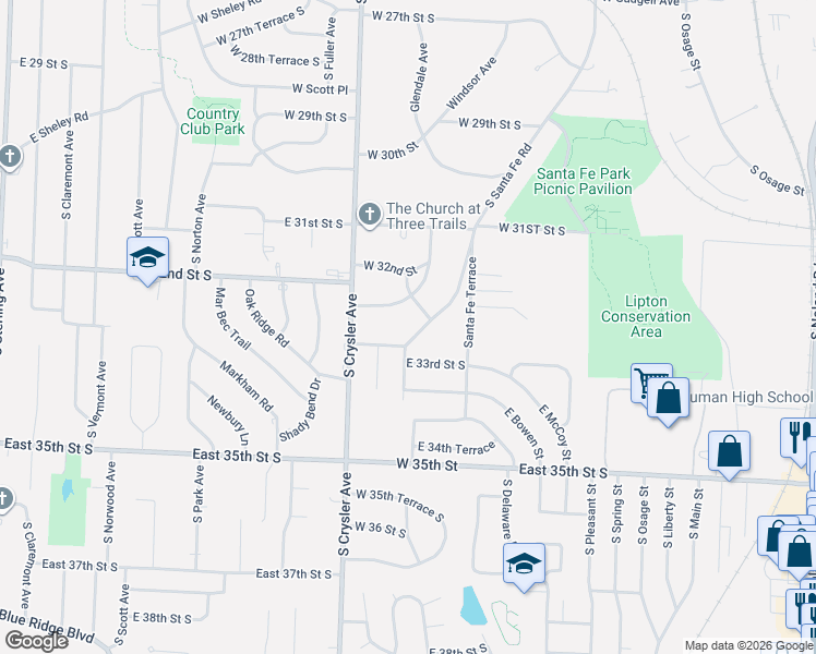 map of restaurants, bars, coffee shops, grocery stores, and more near 3300 South Grand Avenue in Independence