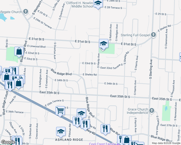 map of restaurants, bars, coffee shops, grocery stores, and more near 10315 East Sheley Road in Independence