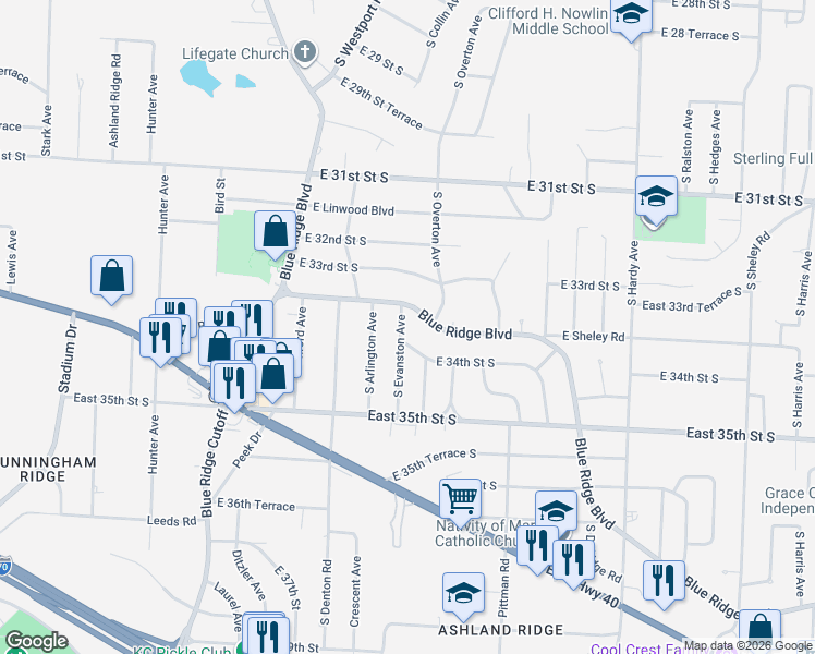 map of restaurants, bars, coffee shops, grocery stores, and more near 3340 South Evanston Avenue in Independence
