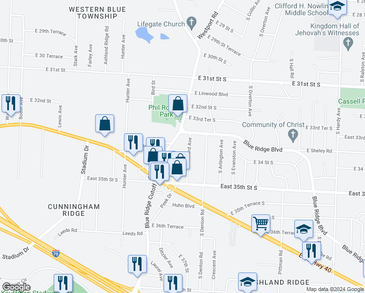map of restaurants, bars, coffee shops, grocery stores, and more near 3406 South Oxford Avenue in Independence