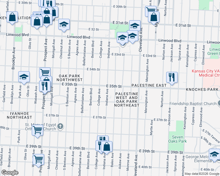 map of restaurants, bars, coffee shops, grocery stores, and more near 3519 Indiana Avenue in Kansas City