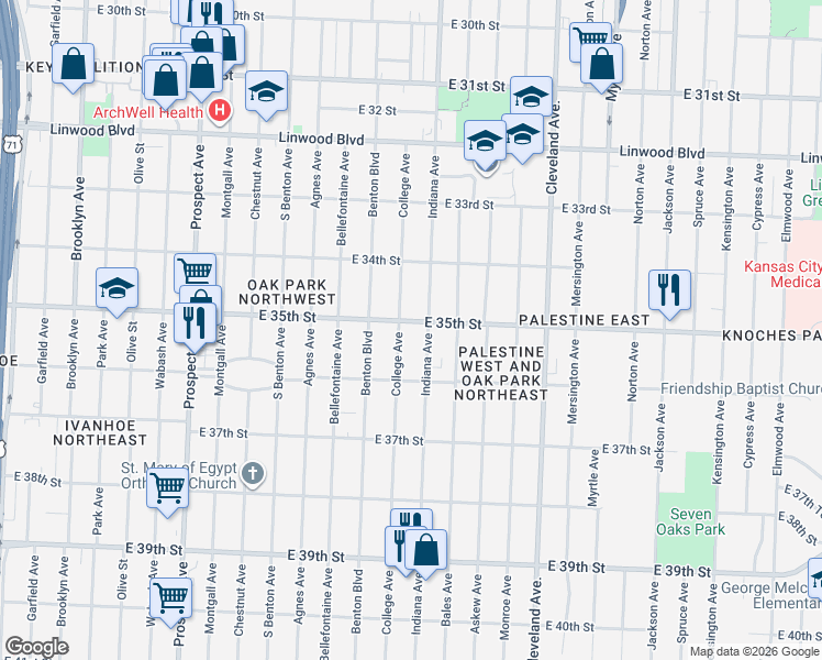map of restaurants, bars, coffee shops, grocery stores, and more near 3521 College Avenue in Kansas City