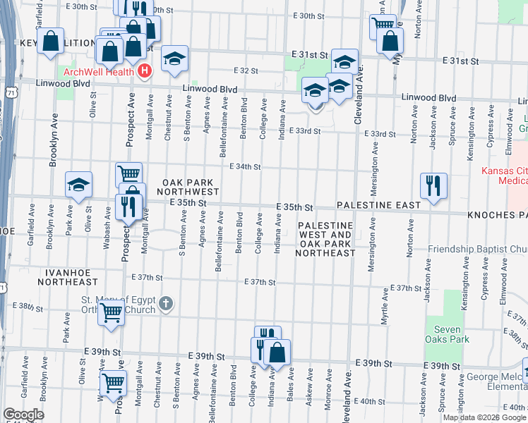 map of restaurants, bars, coffee shops, grocery stores, and more near 3521 College Avenue in Kansas City
