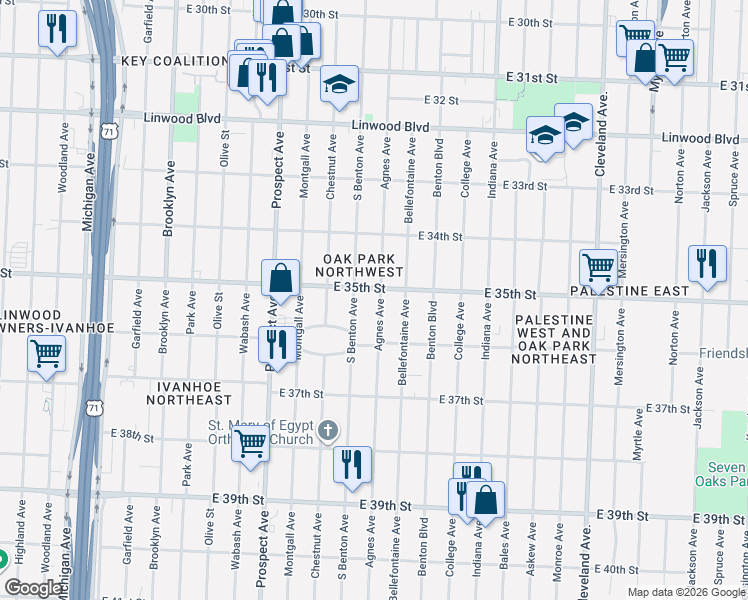 map of restaurants, bars, coffee shops, grocery stores, and more near 3529 South Benton Avenue in Kansas City