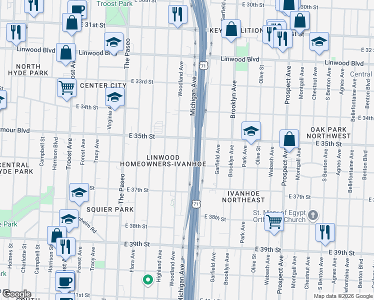 map of restaurants, bars, coffee shops, grocery stores, and more near 3532 Michigan Avenue in Kansas City
