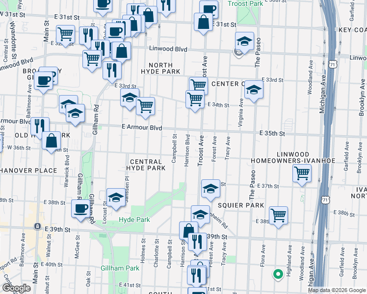 map of restaurants, bars, coffee shops, grocery stores, and more near 3600 Harrison Boulevard in Kansas City