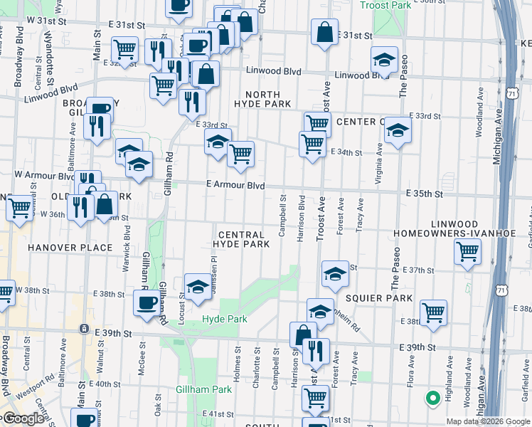 map of restaurants, bars, coffee shops, grocery stores, and more near 3601 Charlotte Street in Kansas City