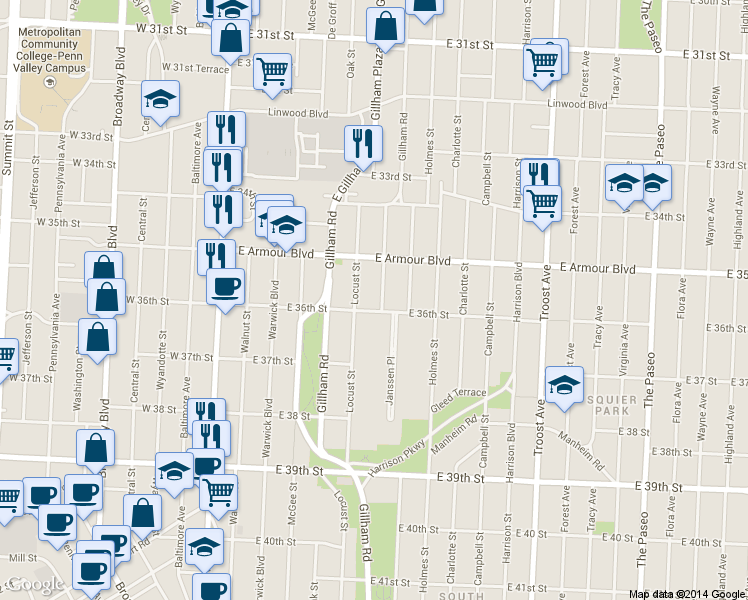 map of restaurants, bars, coffee shops, grocery stores, and more near 501 East 36th Street in Kansas City