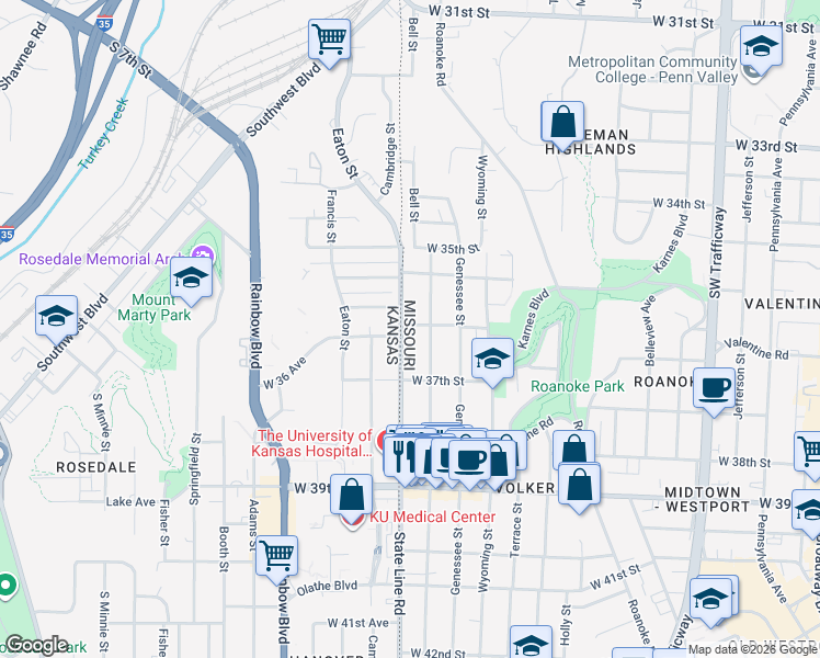 map of restaurants, bars, coffee shops, grocery stores, and more near 3616 Bell Street in Kansas City