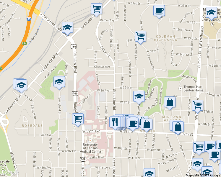map of restaurants, bars, coffee shops, grocery stores, and more near 3613 Cambridge Street in Kansas City