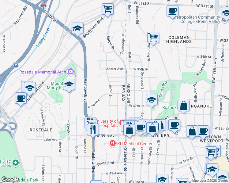 map of restaurants, bars, coffee shops, grocery stores, and more near 3615 Eaton Street in Kansas City