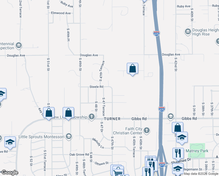 map of restaurants, bars, coffee shops, grocery stores, and more near 2123 South 47 Terrace in Kansas City