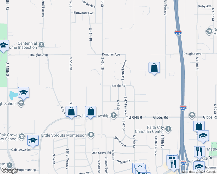 map of restaurants, bars, coffee shops, grocery stores, and more near 2120 South 48th Terrace in Kansas City