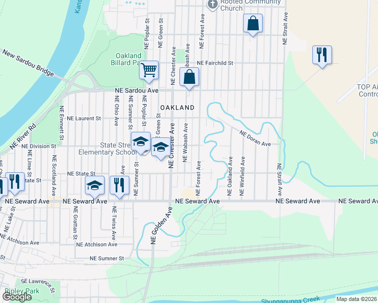 map of restaurants, bars, coffee shops, grocery stores, and more near 521 Northeast Wabash Avenue in Topeka