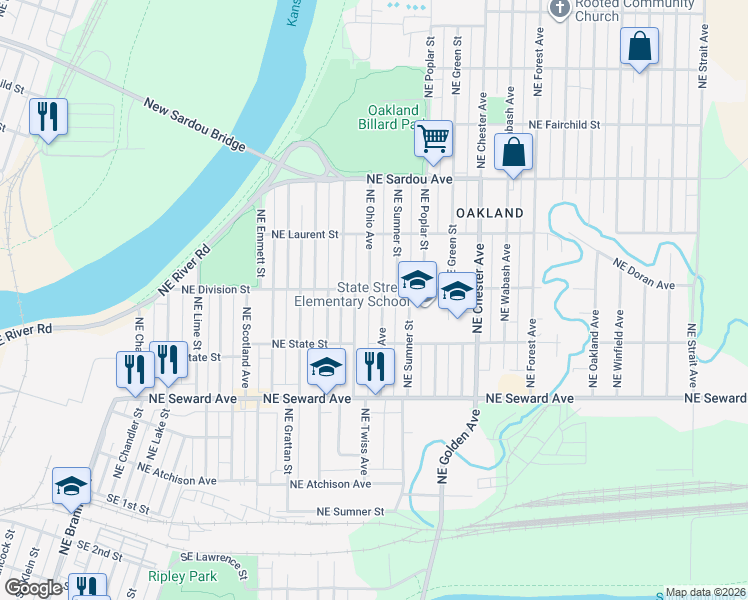 map of restaurants, bars, coffee shops, grocery stores, and more near 520 Northeast Twiss Avenue in Topeka