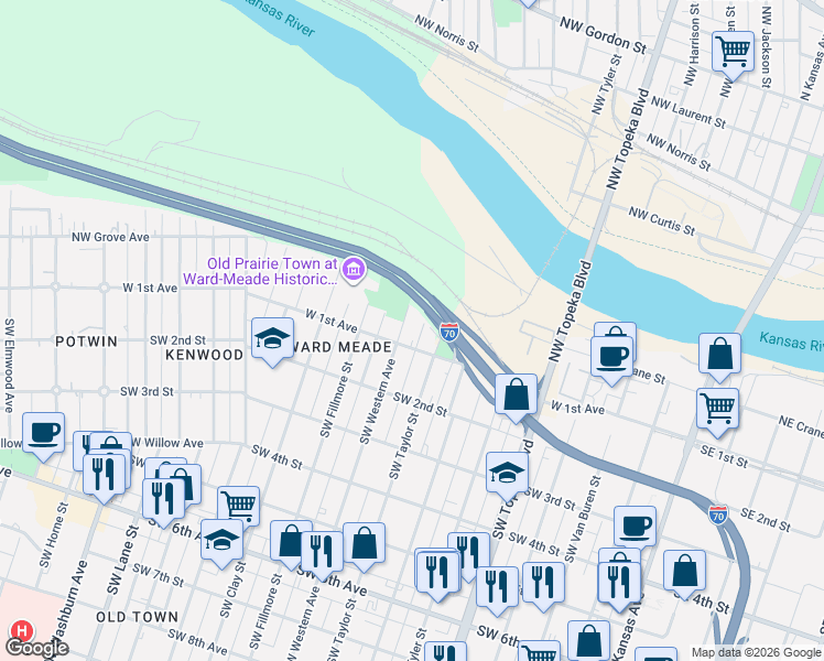 map of restaurants, bars, coffee shops, grocery stores, and more near 800 West 1st Avenue in Topeka