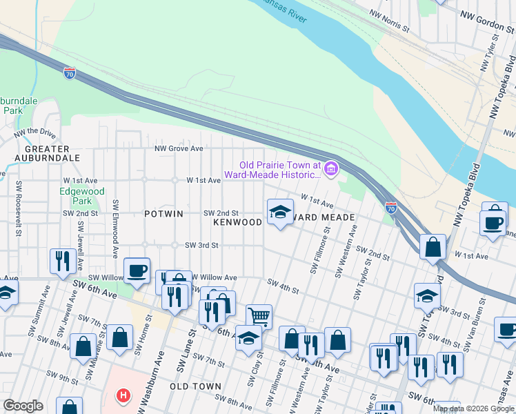 map of restaurants, bars, coffee shops, grocery stores, and more near 1251-1299 Southwest 2nd Street in Topeka