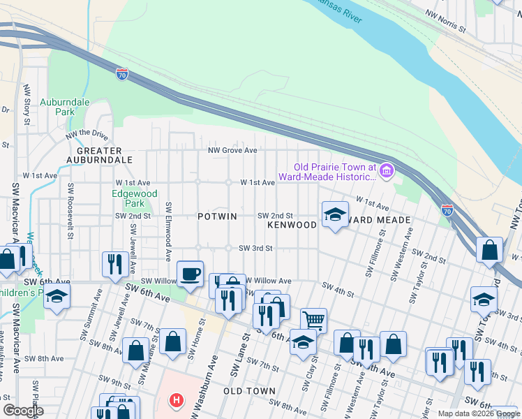 map of restaurants, bars, coffee shops, grocery stores, and more near 1401 Southwest 2nd Street in Topeka
