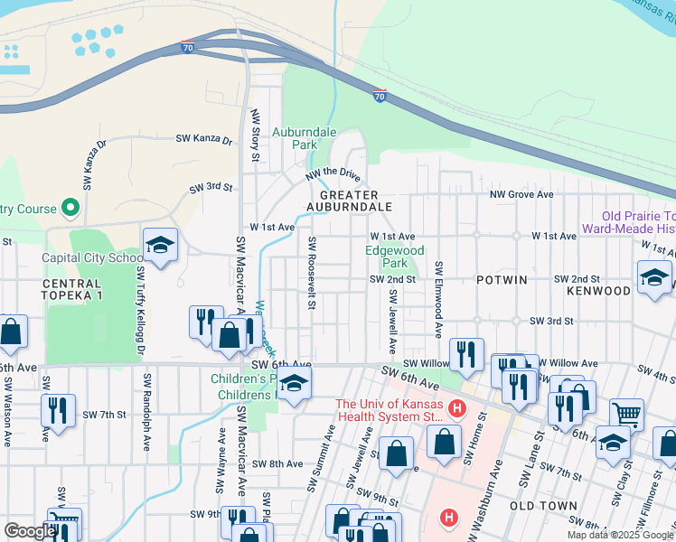map of restaurants, bars, coffee shops, grocery stores, and more near 2200 Southwest Duane Street in Topeka