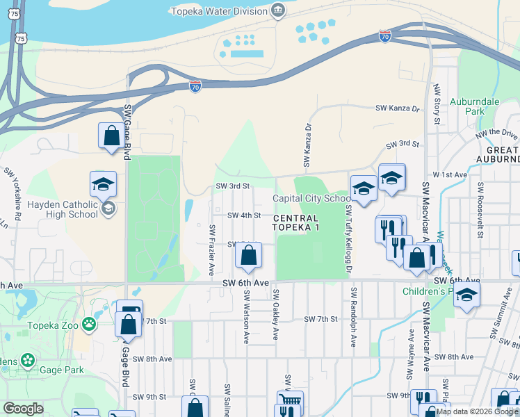 map of restaurants, bars, coffee shops, grocery stores, and more near 412 SW Watson Ave in Topeka