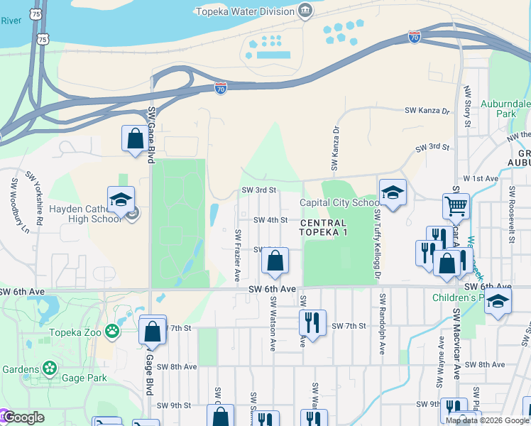 map of restaurants, bars, coffee shops, grocery stores, and more near 400 Southwest Saline Street in Topeka