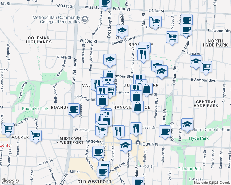 map of restaurants, bars, coffee shops, grocery stores, and more near Central St & W 36th St in Kansas City