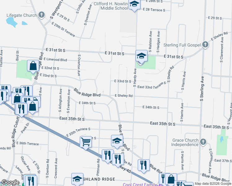 map of restaurants, bars, coffee shops, grocery stores, and more near 3376 Blue Ridge Boulevard in Independence