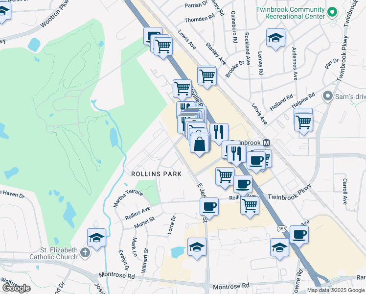 map of restaurants, bars, coffee shops, grocery stores, and more near 1620 East Jefferson Street in Rockville