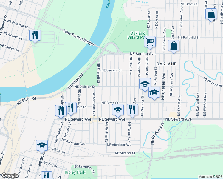map of restaurants, bars, coffee shops, grocery stores, and more near 521 Northeast Grattan Street in Topeka