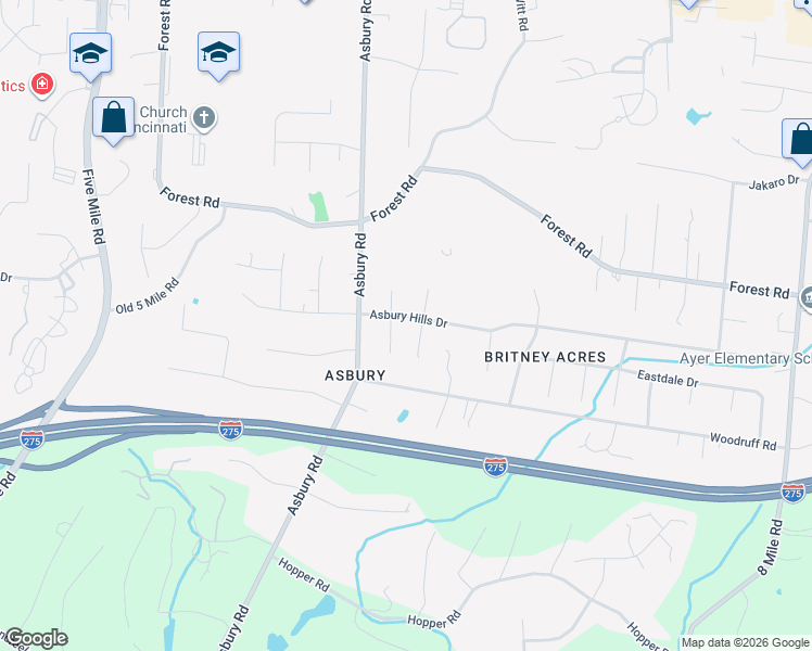 map of restaurants, bars, coffee shops, grocery stores, and more near 7831 Asbury Hills Drive in Cincinnati