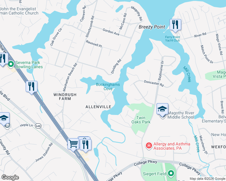 map of restaurants, bars, coffee shops, grocery stores, and more near 1 Green Heron Point in Arnold