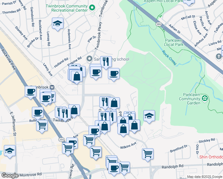 map of restaurants, bars, coffee shops, grocery stores, and more near 5600 Fishers Lane in Rockville
