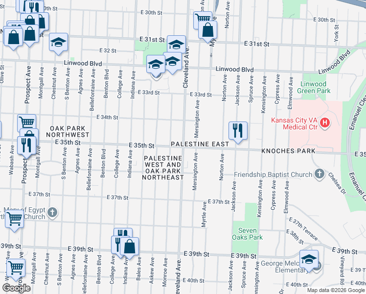 map of restaurants, bars, coffee shops, grocery stores, and more near E 35th St & Cleveland Ave in Kansas City