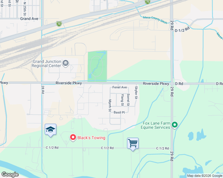 map of restaurants, bars, coffee shops, grocery stores, and more near 391 Rosemary Way in Grand Junction