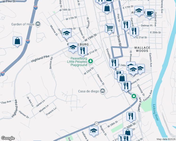 map of restaurants, bars, coffee shops, grocery stores, and more near 2305 Wood Street in Covington