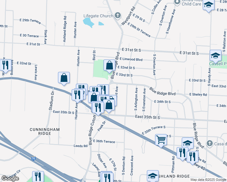 map of restaurants, bars, coffee shops, grocery stores, and more near 3406 South Oxford Avenue in Independence