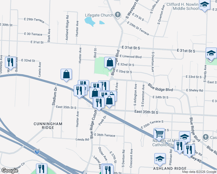 map of restaurants, bars, coffee shops, grocery stores, and more near 3406 South Oxford Avenue in Independence