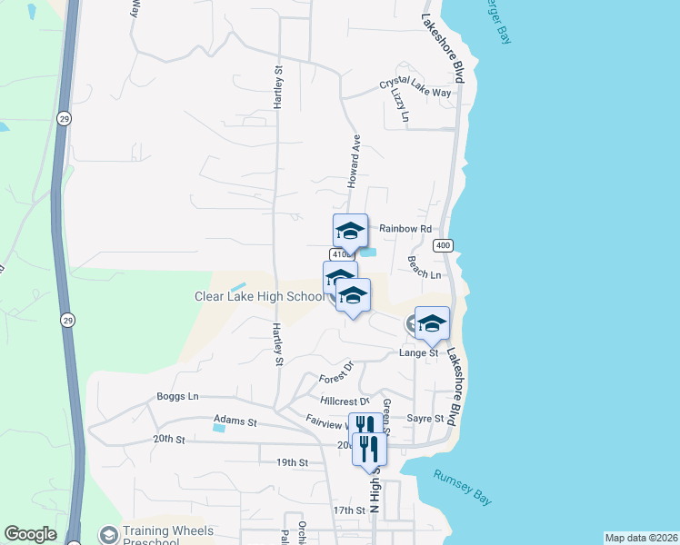 map of restaurants, bars, coffee shops, grocery stores, and more near 2667 Howard Avenue in Lakeport