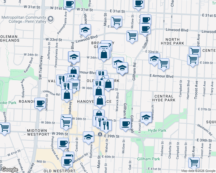 map of restaurants, bars, coffee shops, grocery stores, and more near 3534 Walnut Street in Kansas City