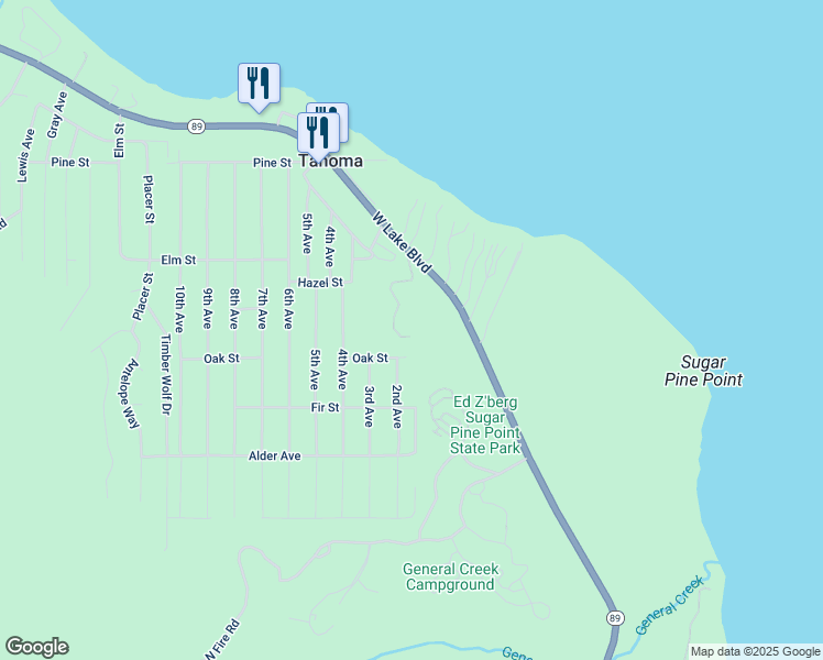 map of restaurants, bars, coffee shops, grocery stores, and more near 7110 California 89 in Tahoma