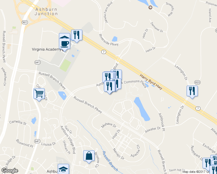 map of restaurants, bars, coffee shops, grocery stores, and more near 19998 Ashburn Village Boulevard in Ashburn