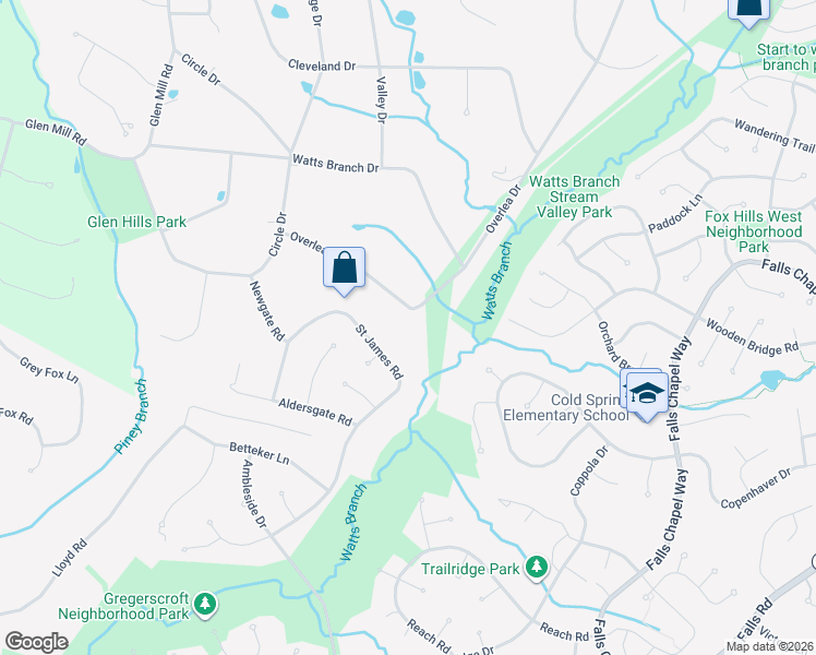 map of restaurants, bars, coffee shops, grocery stores, and more near 9601 Overlea Drive in Rockville
